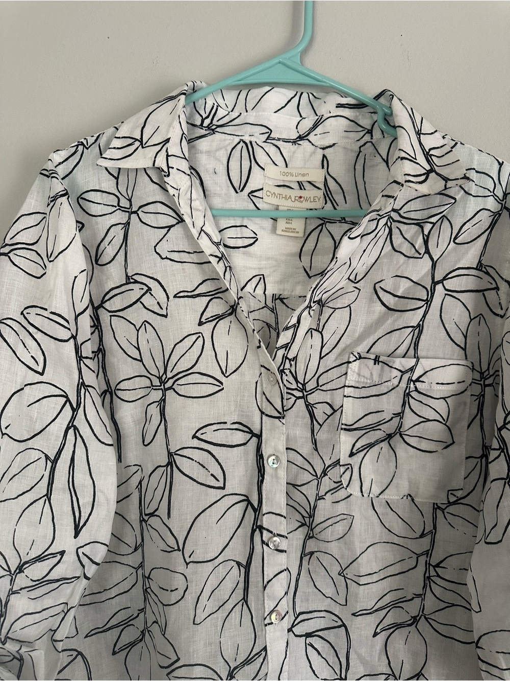 Cynthia Rowley White Linen Button-Down with Black Leaf Sketch